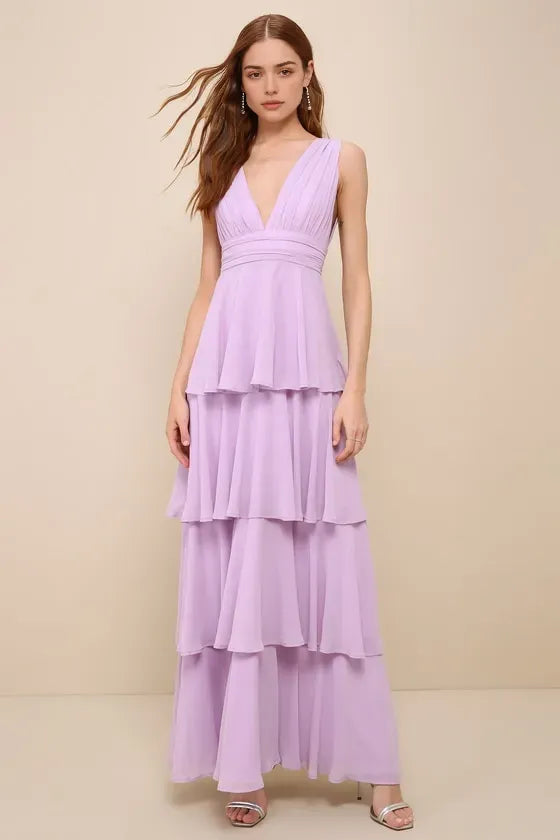 Lavender Tiered Evening Dresses with Plunging V - Neckline Perfect for women Galas