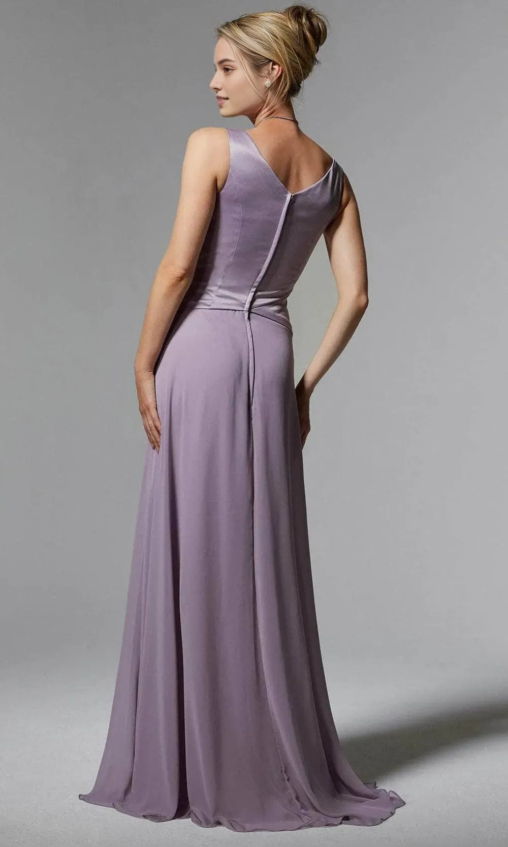 Lavender Evening Dresses with V - Neckline Draped Bodice Floral Detail High Side Slit and Flowing Skirt