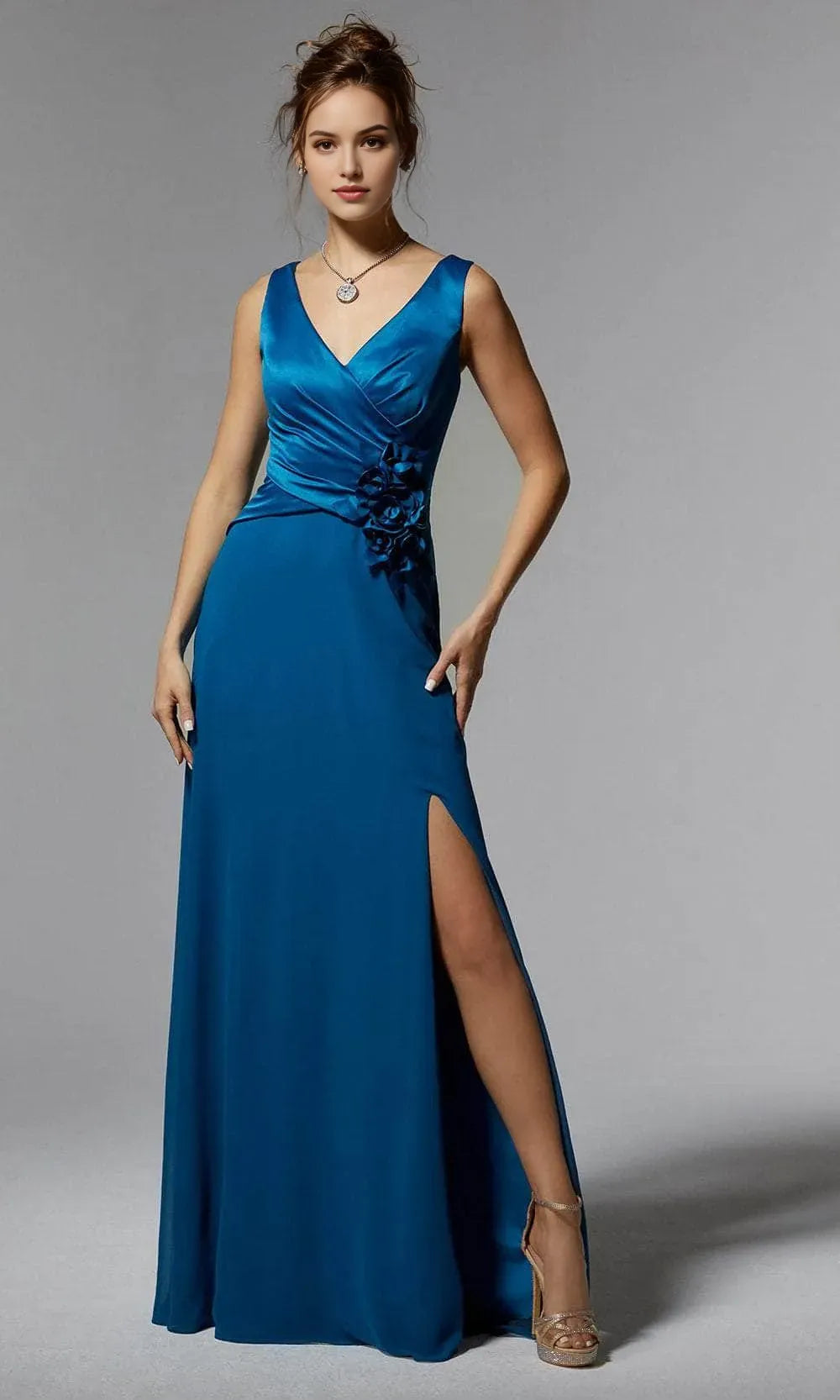 Lavender Evening Dresses with V - Neckline Draped Bodice Floral Detail High Side Slit and Flowing Skirt