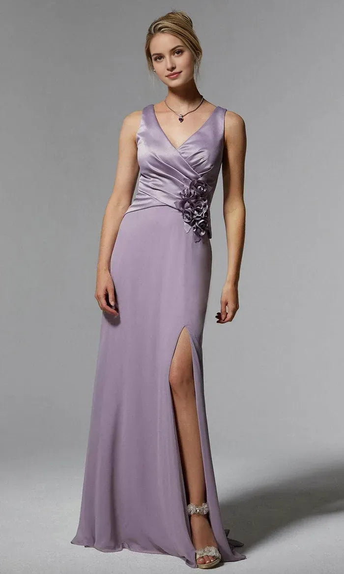 Lavender Evening Dresses with V - Neckline Draped Bodice Floral Detail High Side Slit and Flowing Skirt