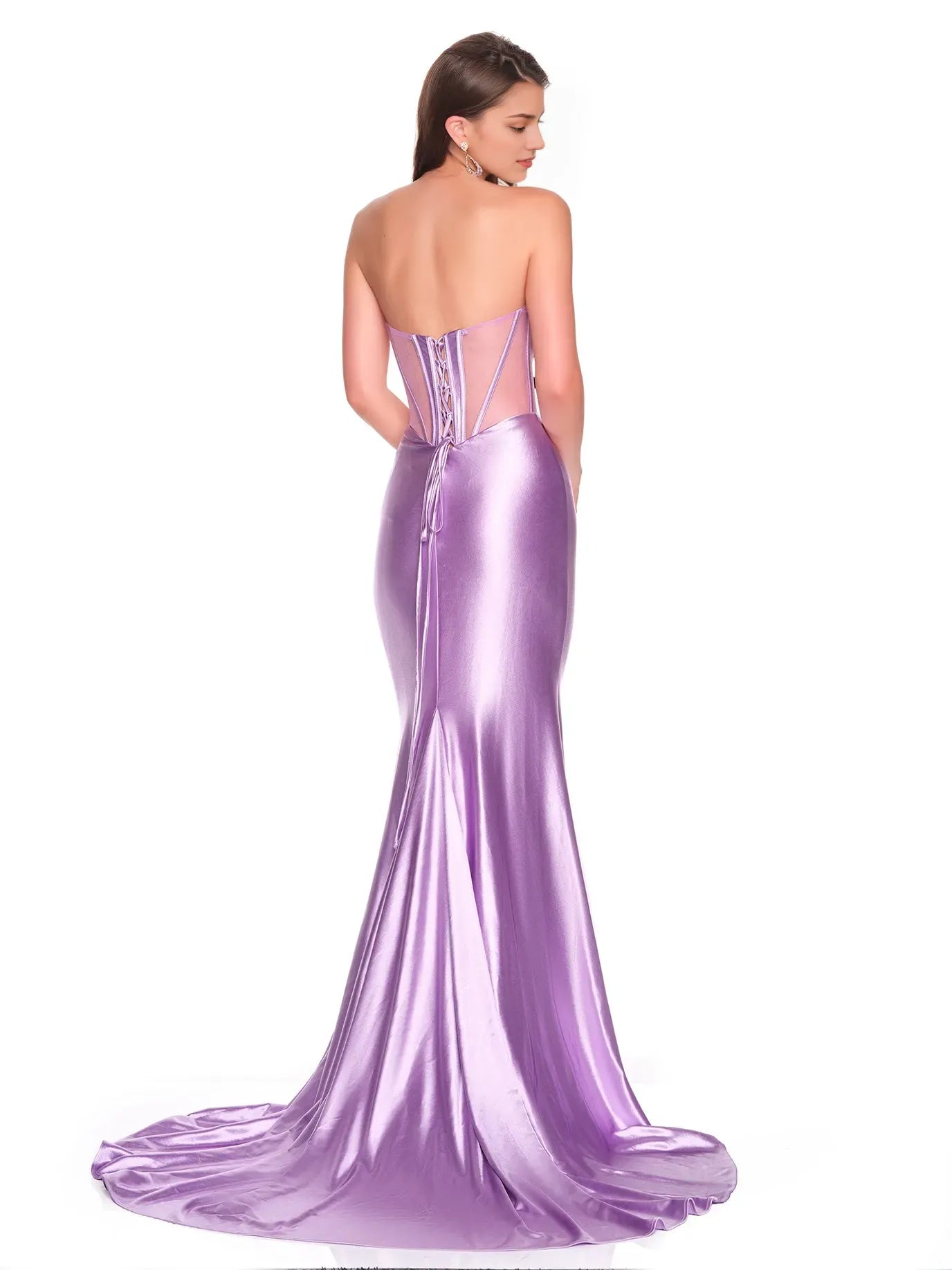 Lavender Mermaid Sweetheart-Neck Strapless Lace-Up Back Floor-Length Prom Dresses with Slit
