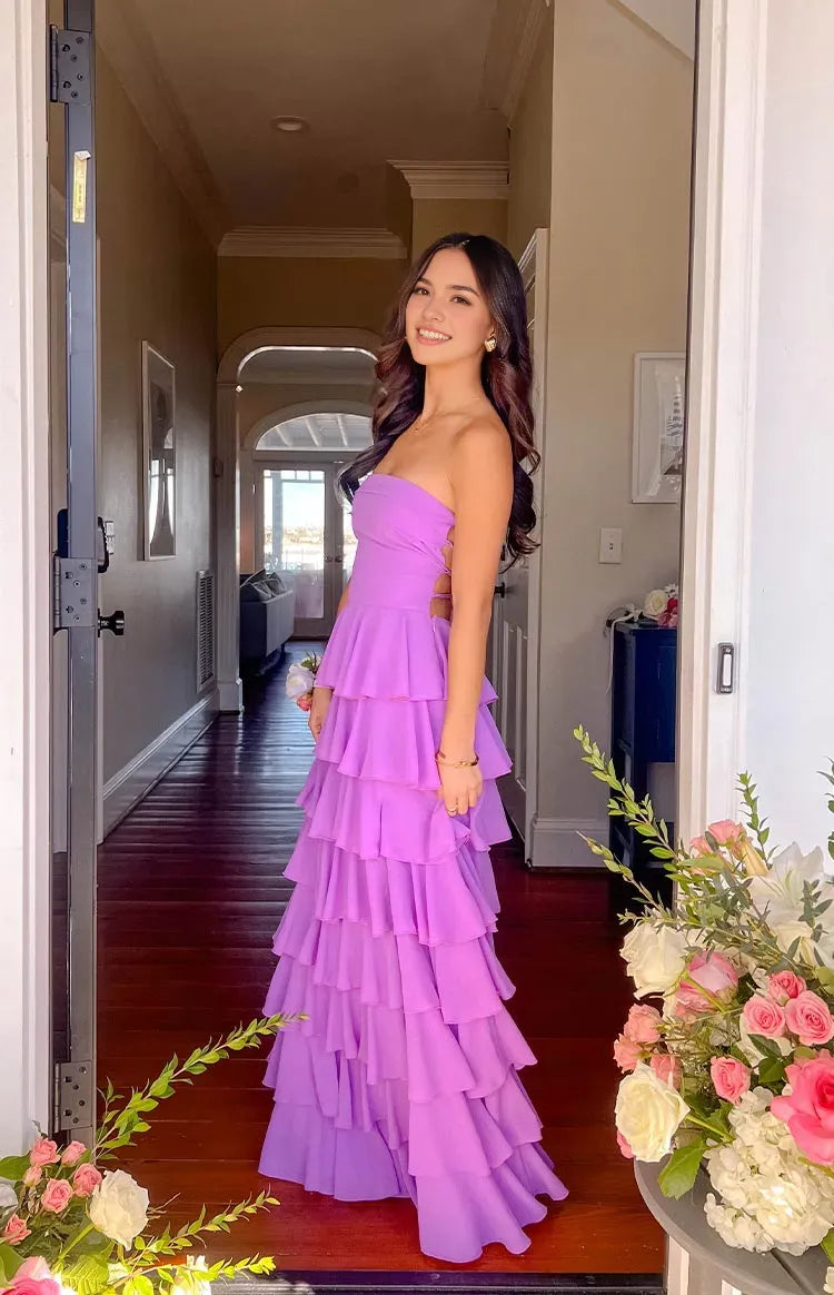 Lavender Prom Dress Strapless Tiered Ruffle Maxi Skirt Side Slit for a Sophisticated Glam Appeal