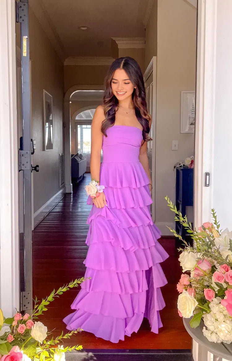 Lavender Prom Dress Strapless Tiered Ruffle Maxi Skirt Side Slit for a Sophisticated Glam Appeal