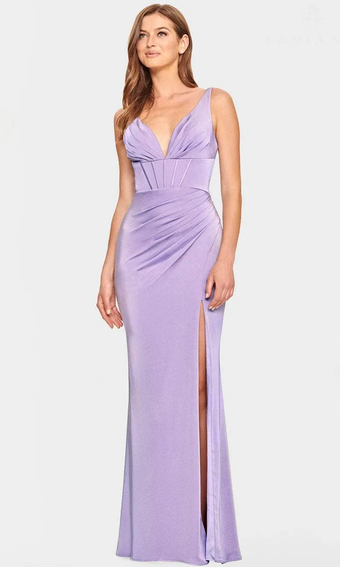 Lavender Evening Dress with Deep V - Neckline Ruched Bodice and High Side Slit for Formal Occasions