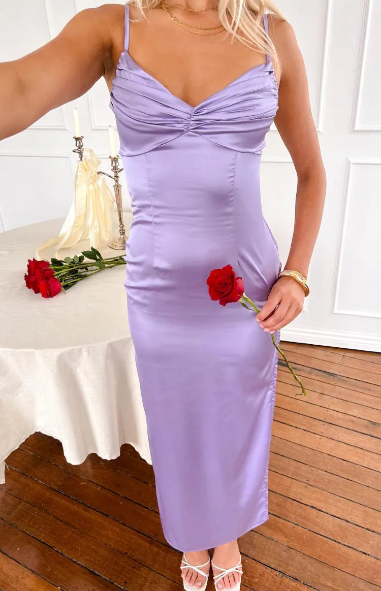 Lavender Prom Dress with Ruched Bodice and Spaghetti Straps for Formal Galas