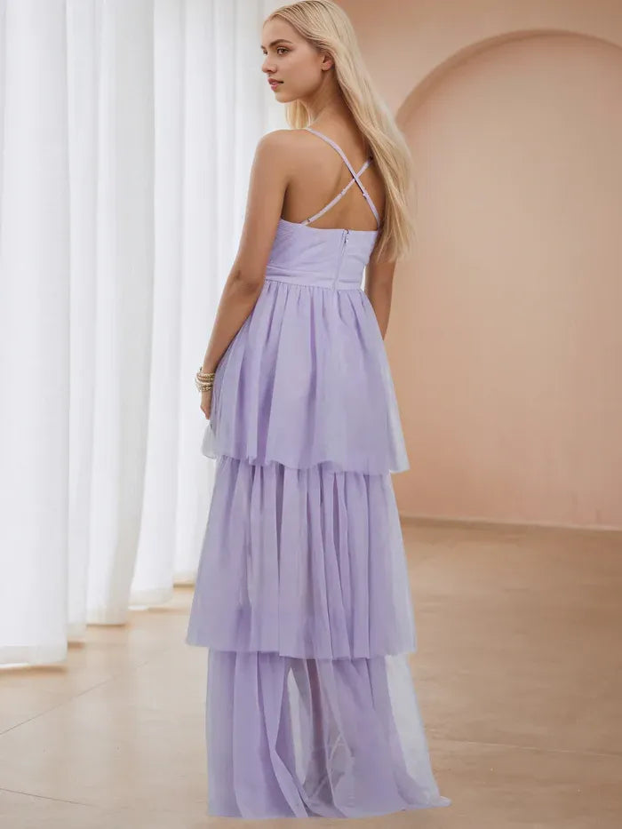 Lavender Prom Dresses Spaghetti Straps Tiered High Low Skirt Understated Freshness for Minimalist Events