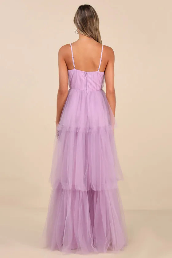 Lavender Prom Dress with Spaghetti Straps Sweetheart Bodice and Tiered Ruffle Skirt for Formal Occsasion