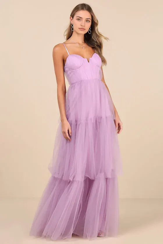 Lavender Prom Dress with Spaghetti Straps Sweetheart Bodice and Tiered Ruffle Skirt for Formal Occsasion