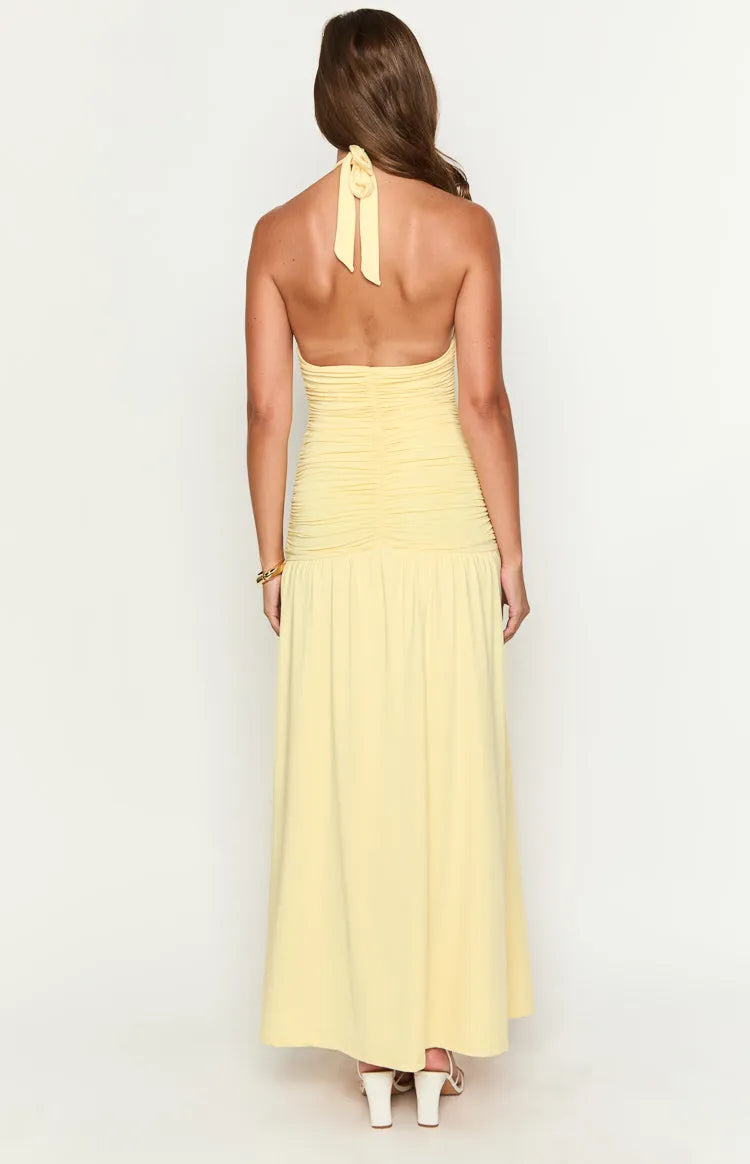 Yellow Lemon Halter - Neck Prom Dress with Ruched Bodice and Flowy Skirt for Formal Galas
