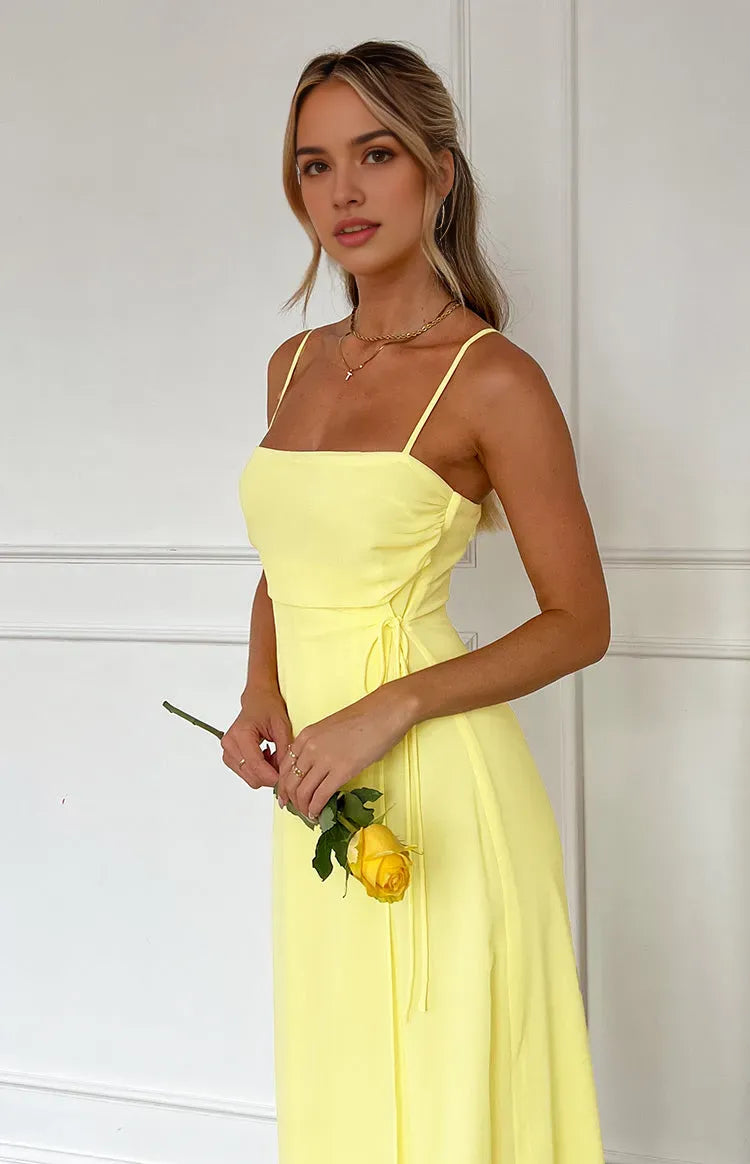 Yellow Lemon Prom Dress Spaghetti Straps Square Neckline Side Tie Detail for a Fresh Sophisticated Look