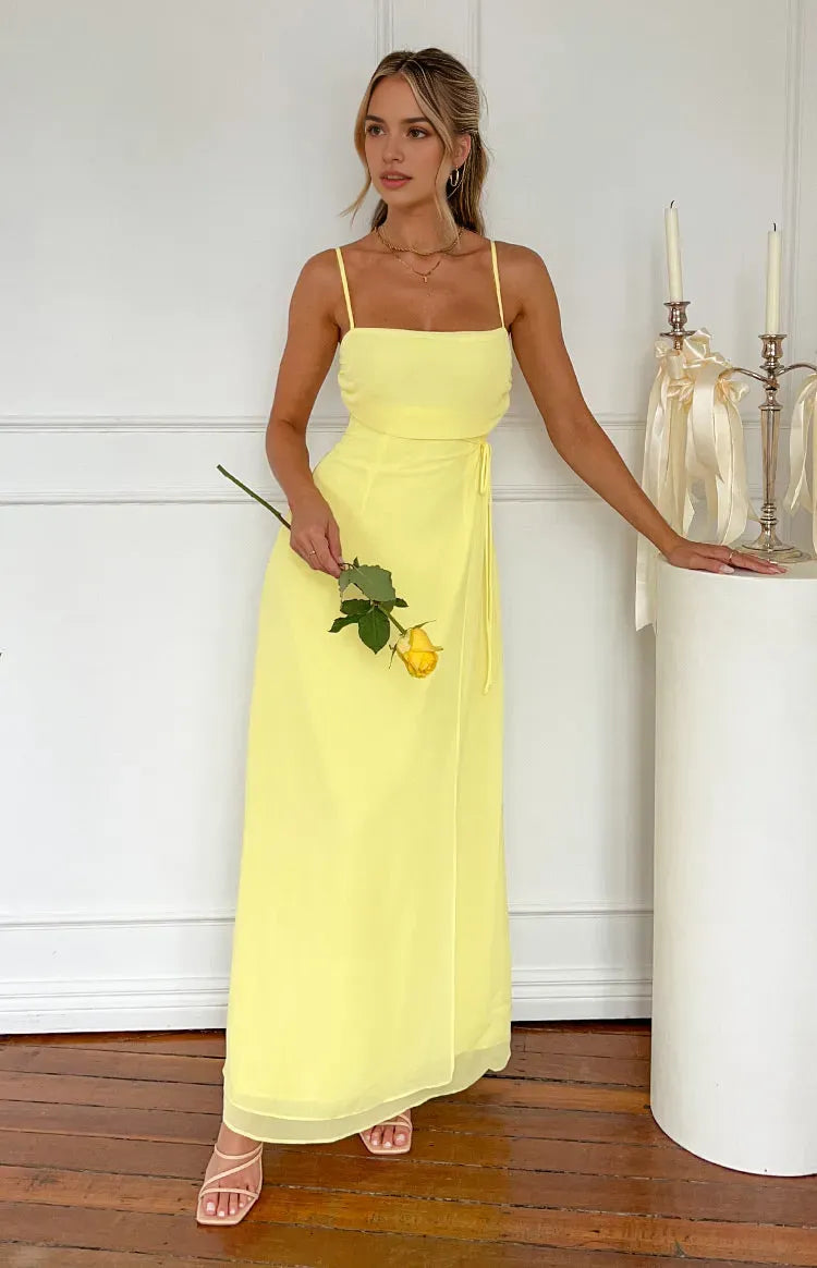 Yellow Lemon Prom Dress Spaghetti Straps Square Neckline Side Tie Detail for a Fresh Sophisticated Look