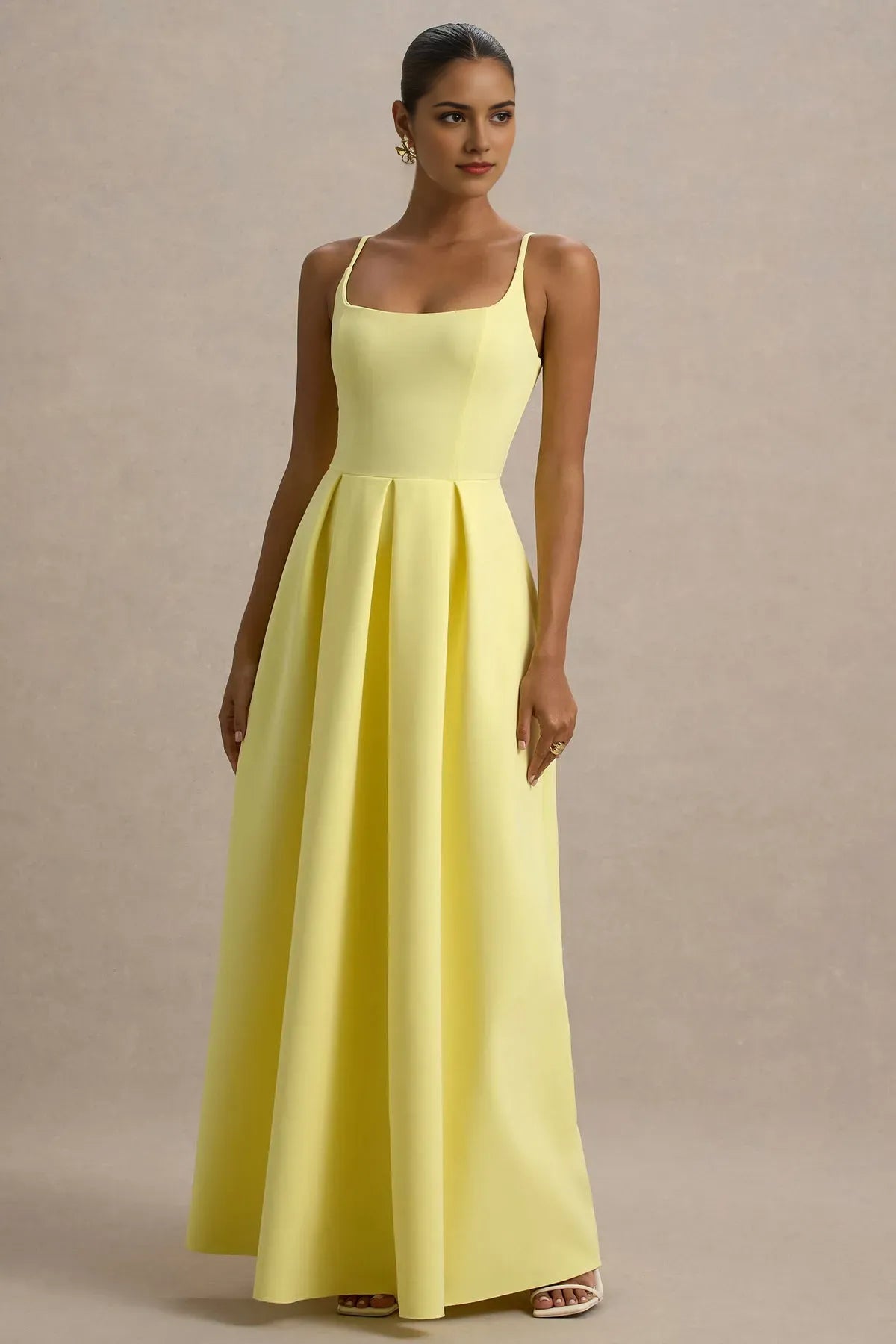 Yellow Lemon Yellow Square Neck Prom Dresses with Pleated Skirt Floor Length A - Line Silhouette – Ideal for Formal Proms - Tie Galas and Enchanting Evening Soirées