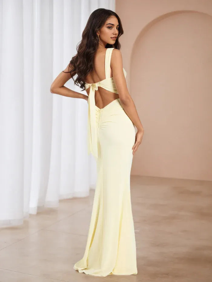 Yellow Lemon Square Neck Ruched Prom Dress with Side Slit - Formal Evening Gown for Dance Events