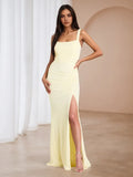 Yellow Lemon Square Neck Ruched Prom Dress with Side Slit - Formal Evening Gown for Dance Events