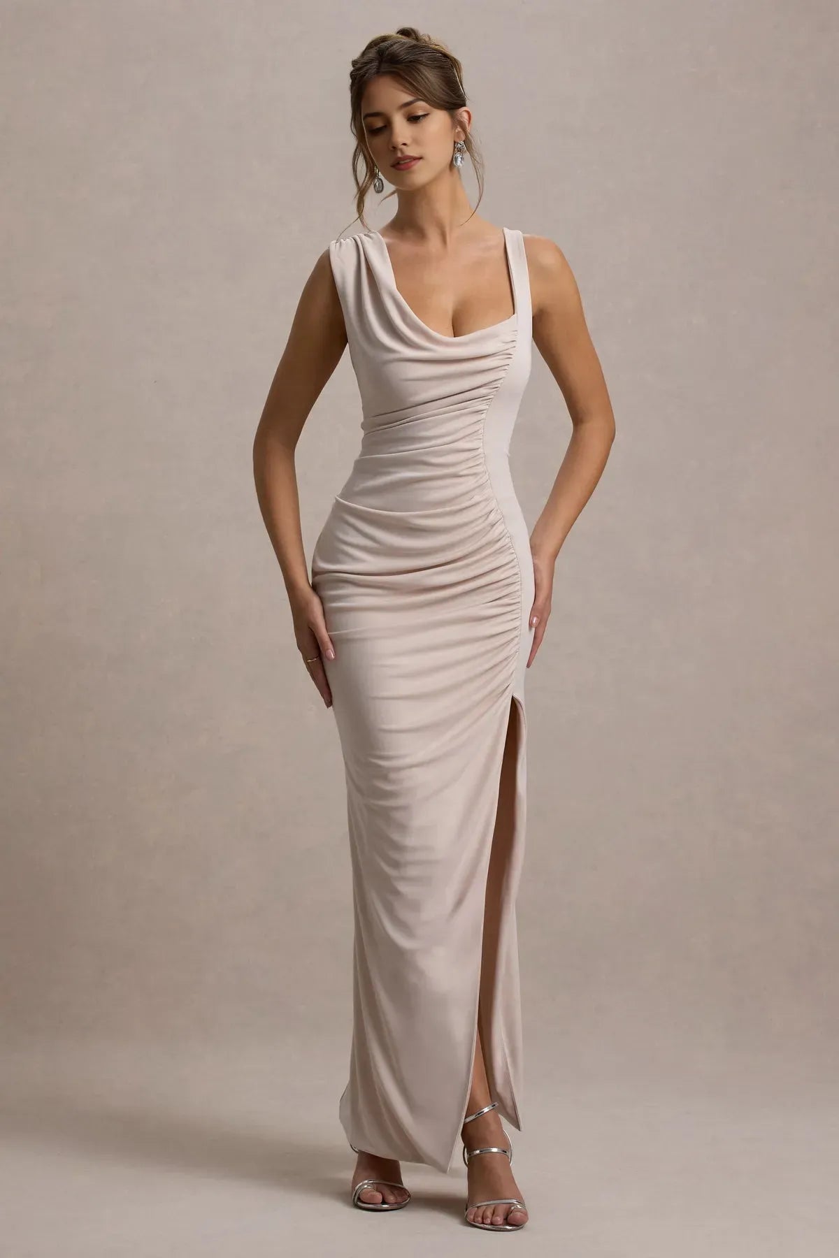Light Beige Prom Dresses with Asymmetric Neckline and High Slit A Timeless Choice for Sophisticated Balls