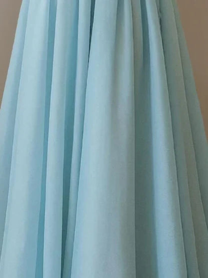 Elegant Light-Blue Ruffled A-Line One-Shoulder Short-Sleeve Lace-Up-Back Floor-Length Prom Dress