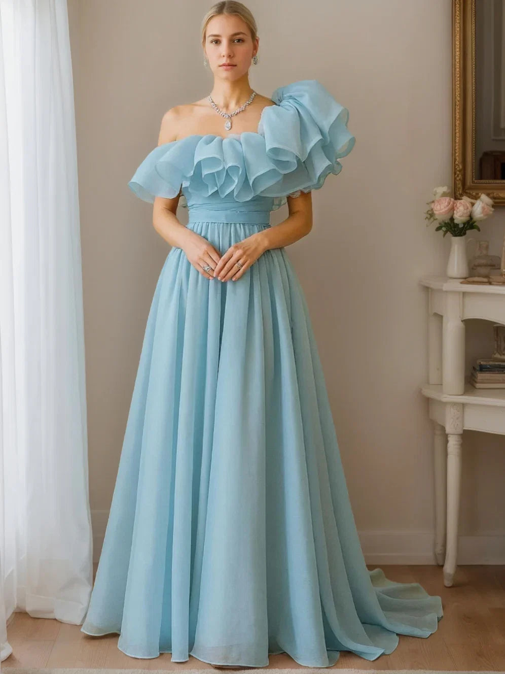 Light Blue A-Line One Shoulder Short Sleeves Ruffle Up Floor -Length Prom Dresses