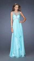 Light Blue Evening Dresses featuring Illusion Neckline Embellishment and Asymmetric Ruffle Fit
