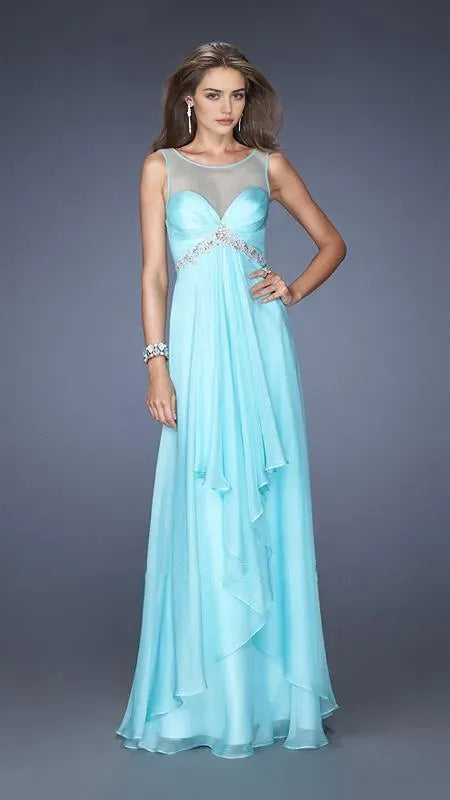 Light Blue Evening Dresses featuring Illusion Neckline Embellishment and Asymmetric Ruffle Fit