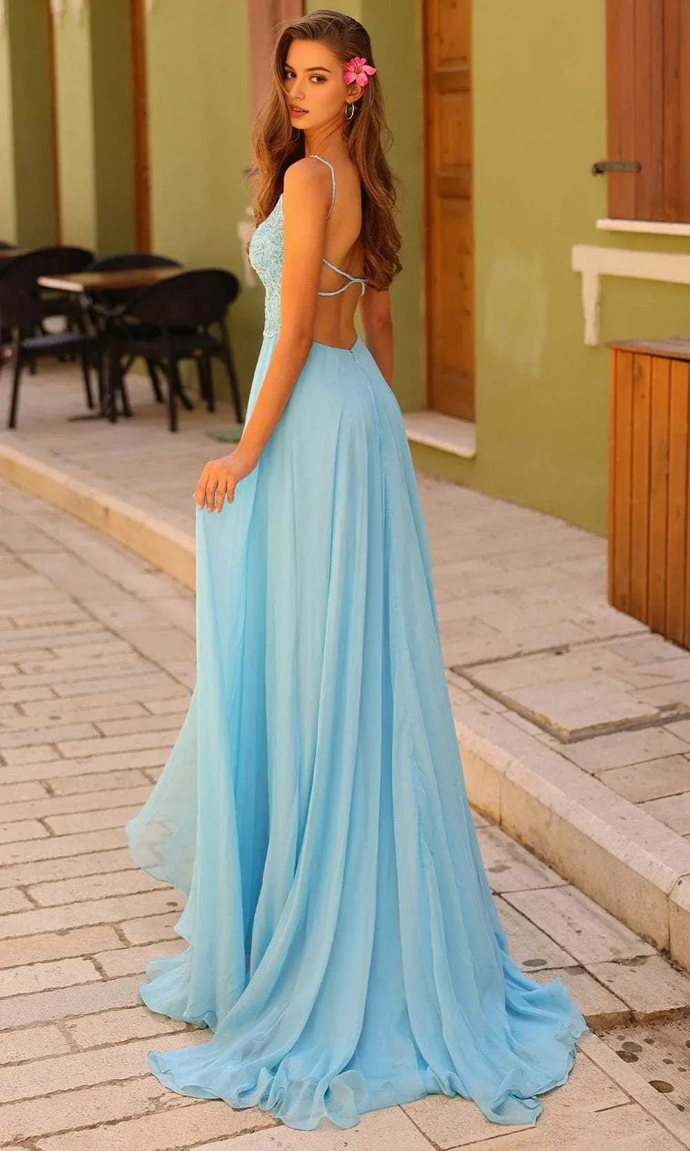 Light Blue Evening Dress with Double - Strap Design, Bodice and Flowy Maxi Skirt