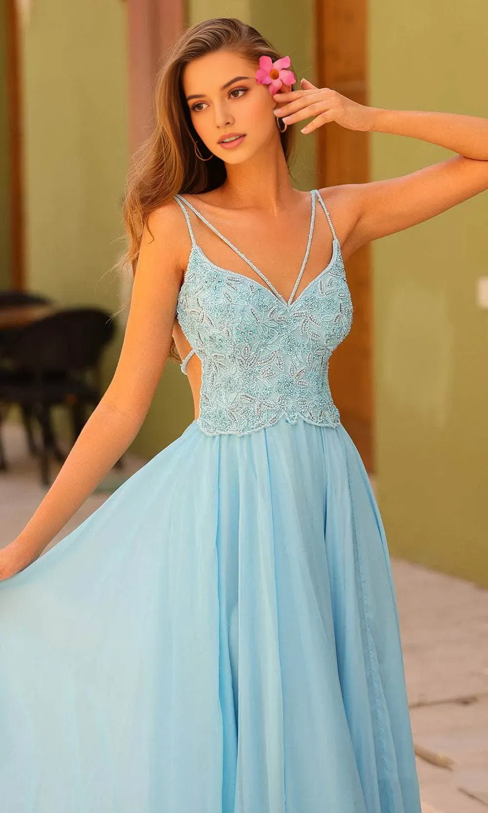 Light Blue Evening Dress with Double - Strap Design, Bodice and Flowy Maxi Skirt