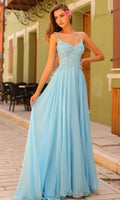 Light Blue Evening Dress with Double - Strap Design, Bodice and Flowy Maxi Skirt