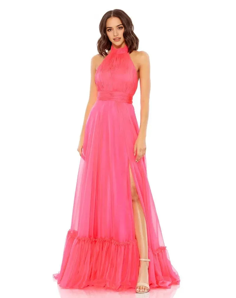 Light Blue Halter - Neck Prom Dress with High Side Slit and Ruffled Hem