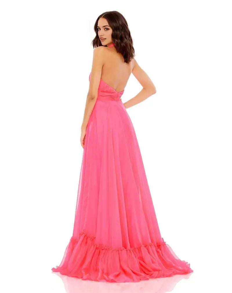 Light Blue Halter - Neck Prom Dress with High Side Slit and Ruffled Hem