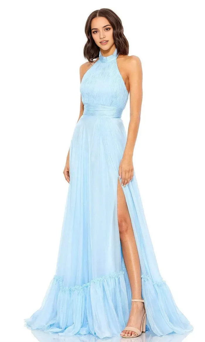 Light Blue Halter - Neck Prom Dress with High Side Slit and Ruffled Hem