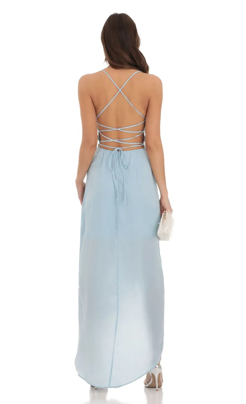 Light Blue Prom Dress with Spaghetti Straps Asymmetric Slit Perfect for Romantic Galas