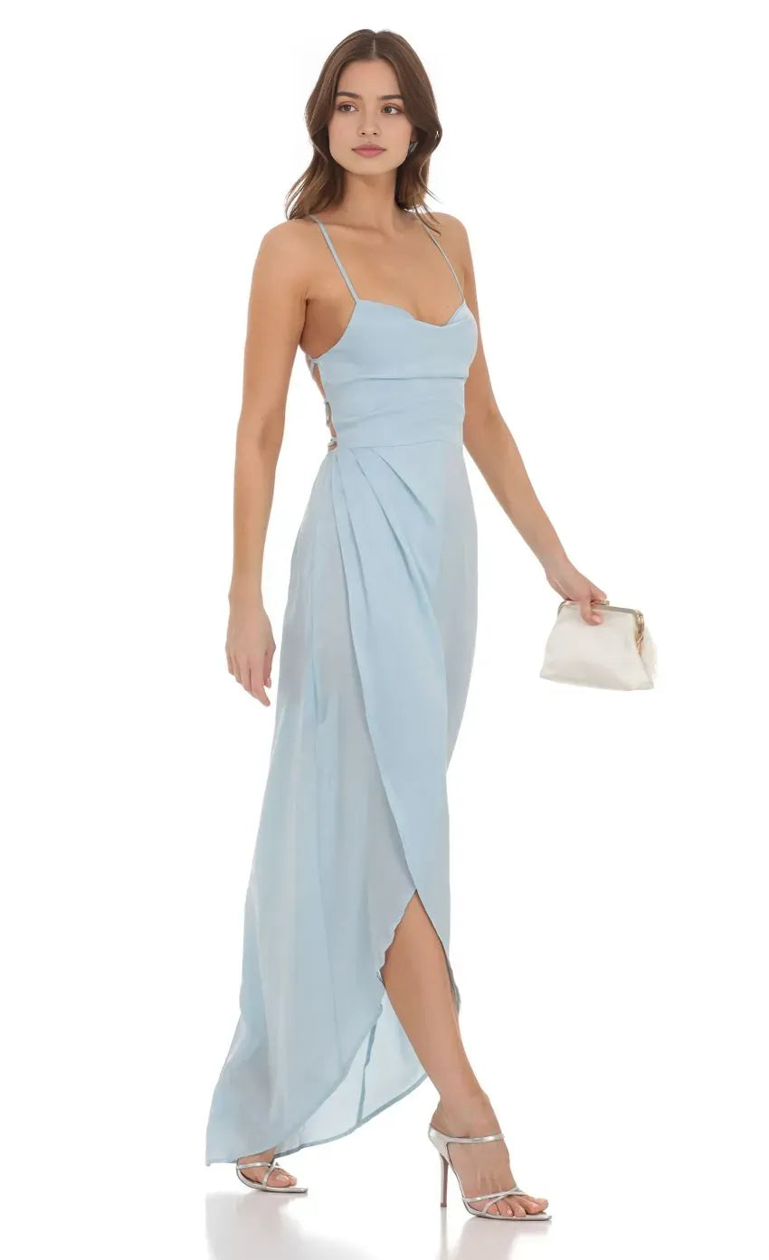 Light Blue Prom Dress with Spaghetti Straps Asymmetric Slit Perfect for Romantic Galas
