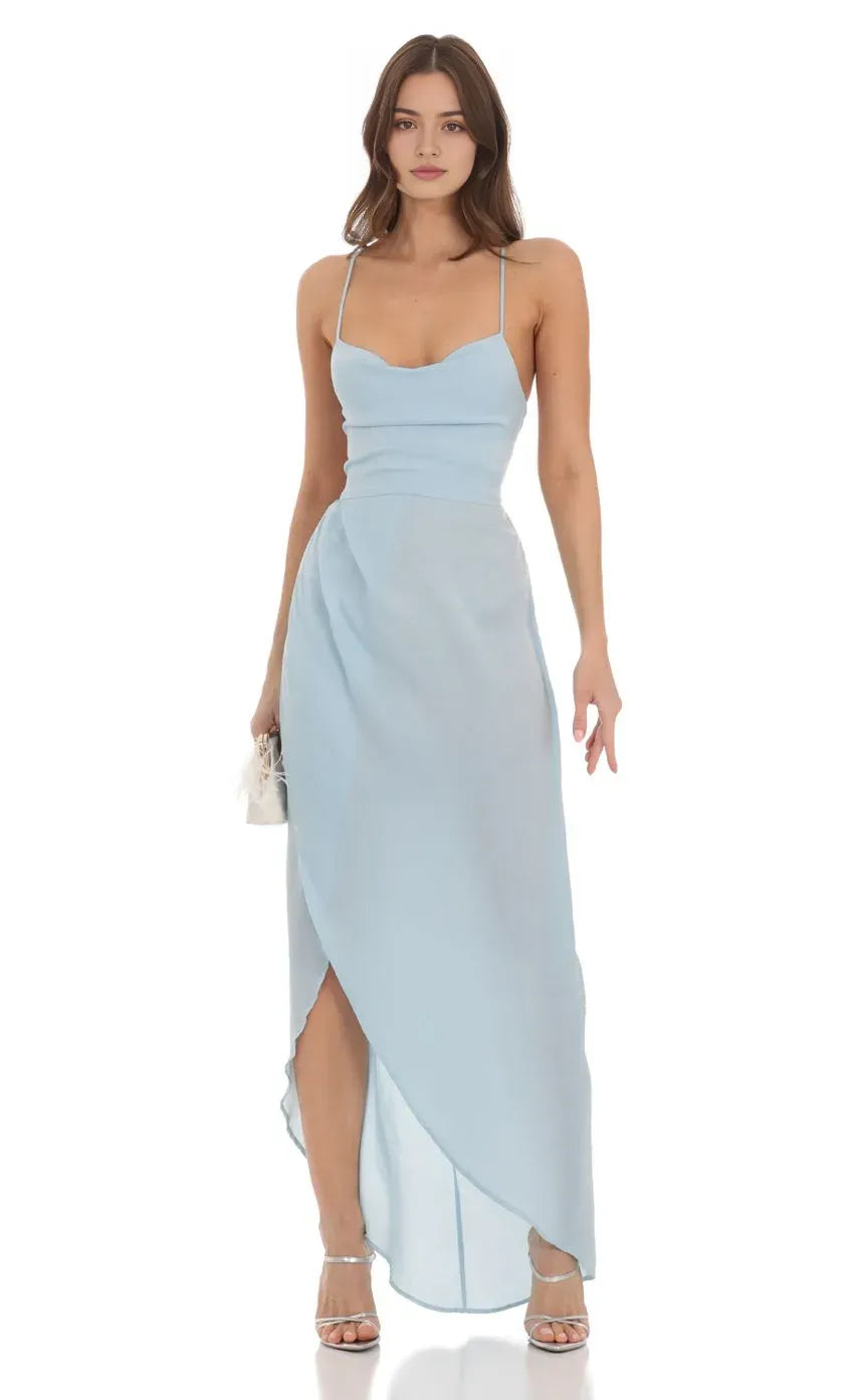 Light Blue Prom Dress with Spaghetti Straps Asymmetric Slit Perfect for Romantic Galas