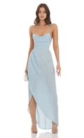 Light Blue Prom Dress with Spaghetti Straps Asymmetric Slit Perfect for Romantic Galas