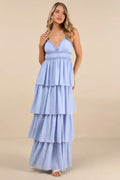 Light Blue Prom Dress with Spaghetti Straps Ruffled V Neckline Smocked Waistband and Tiered Ruffle Skirt for Formal Occasions