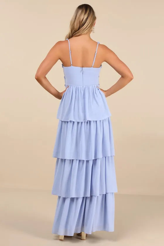Light Blue Prom Dress with Spaghetti Straps Ruffled V Neckline Smocked Waistband and Tiered Ruffle Skirt for Formal Occasions
