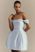 Light Blue Off -Homecoming Dresses with Bow Detailed Neckline and Flared Skirt Perfect for Stylish Back to School Dances and Events