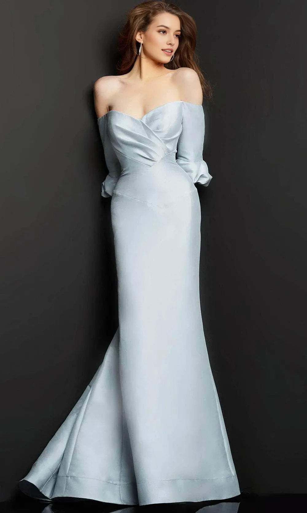 Light Blue Off - Shoulder Mermaid Evening Dress with Ruched Bodice and Puff Sleeves