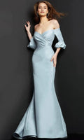 Light Blue Off - Shoulder Mermaid Evening Dress with Ruched Bodice and Puff Sleeves