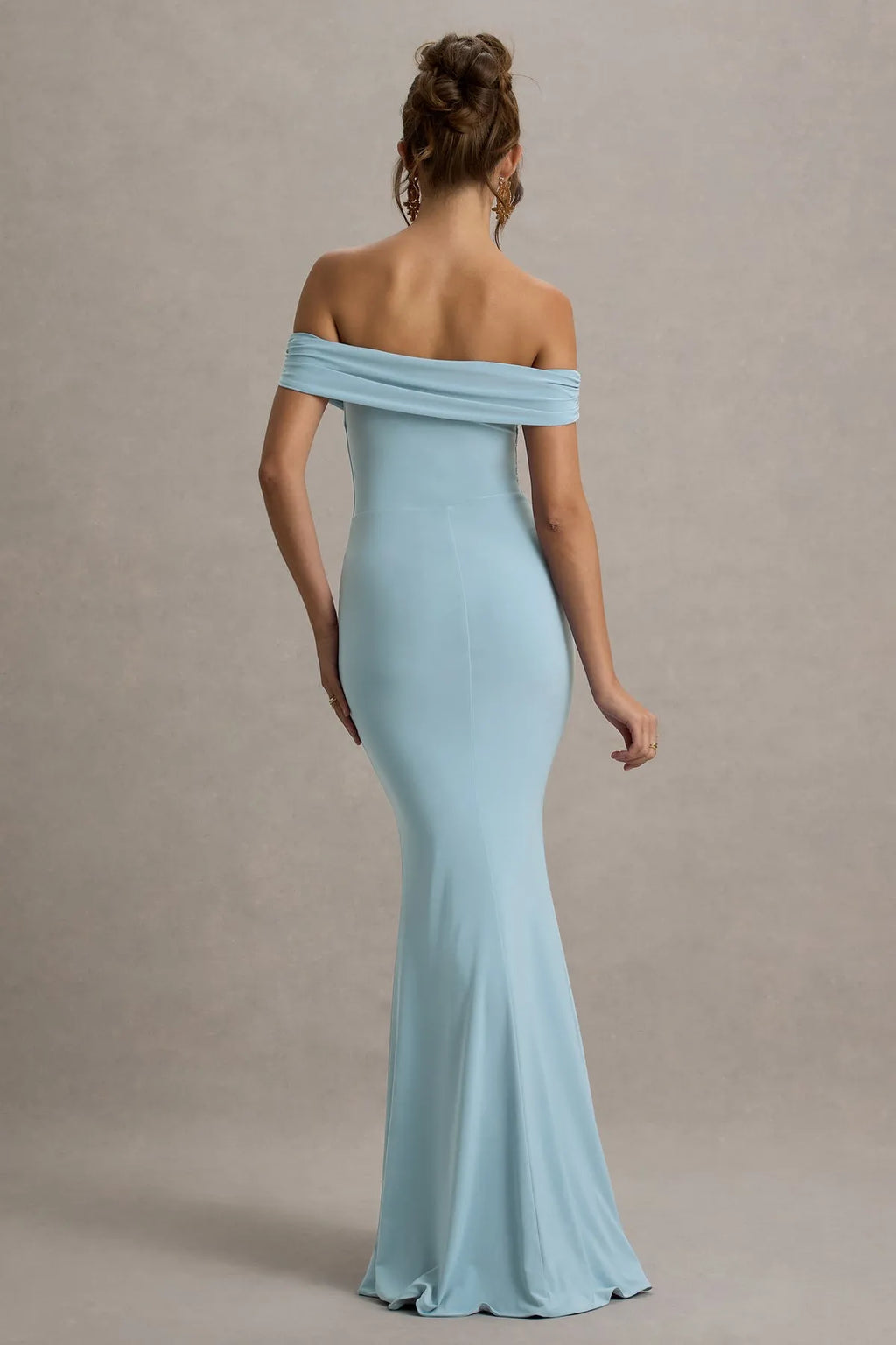Light Blue Off Shoulder Prom Dress with Draped Neckline Bodycon Fit and High Side Slit Perfect for Glamorous Galas Evening Balls and Sophisticated