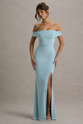 Light Blue Off Shoulder Prom Dress with Draped Neckline Bodycon Fit and High Side Slit Perfect for Glamorous Galas Evening Balls and Sophisticated