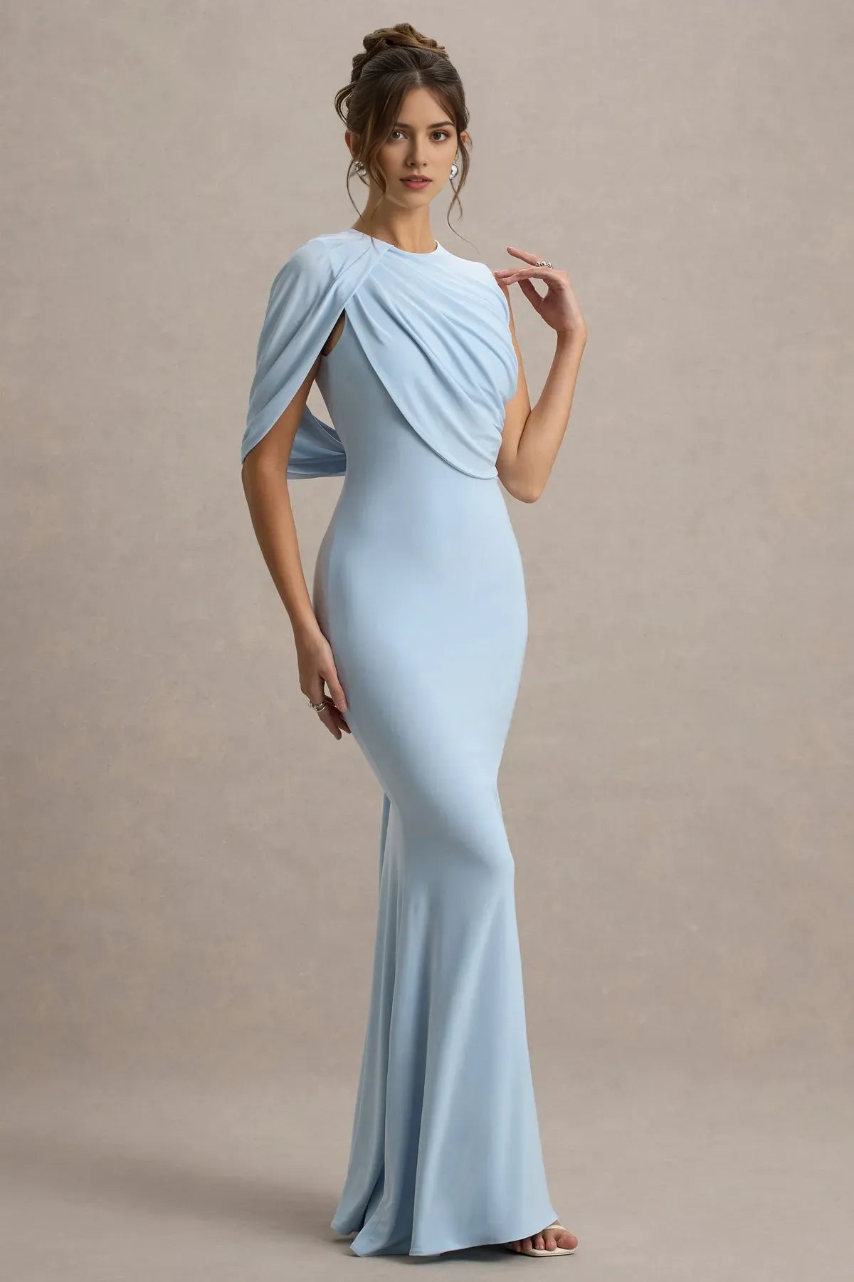 Light Blue One - Shoulder Draped Mermaid Gown Sleeveless Formal Prom Dresses with Asymmetric Ruched Top Floor - Length Bodycon Prom Dress for Gala Ball Special Occasions