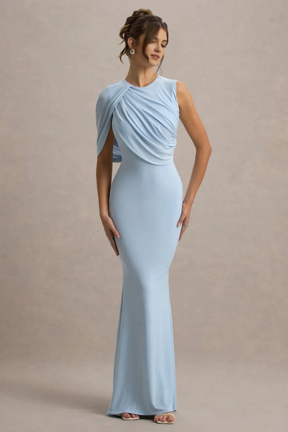 Light Blue One - Shoulder Draped Mermaid Gown Sleeveless Formal Prom Dresses with Asymmetric Ruched Top Floor - Length Bodycon Prom Dress for Gala Ball Special Occasions