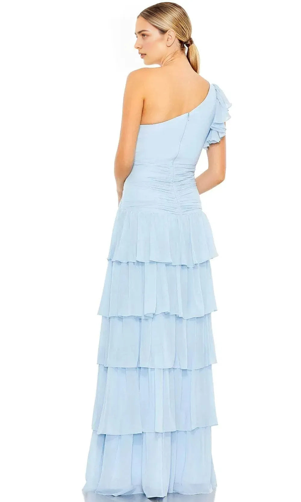Light Blue One - Shoulder Evening Gown featuring Ruffled Sleeve Tiered Design and Side Slit to Elevate