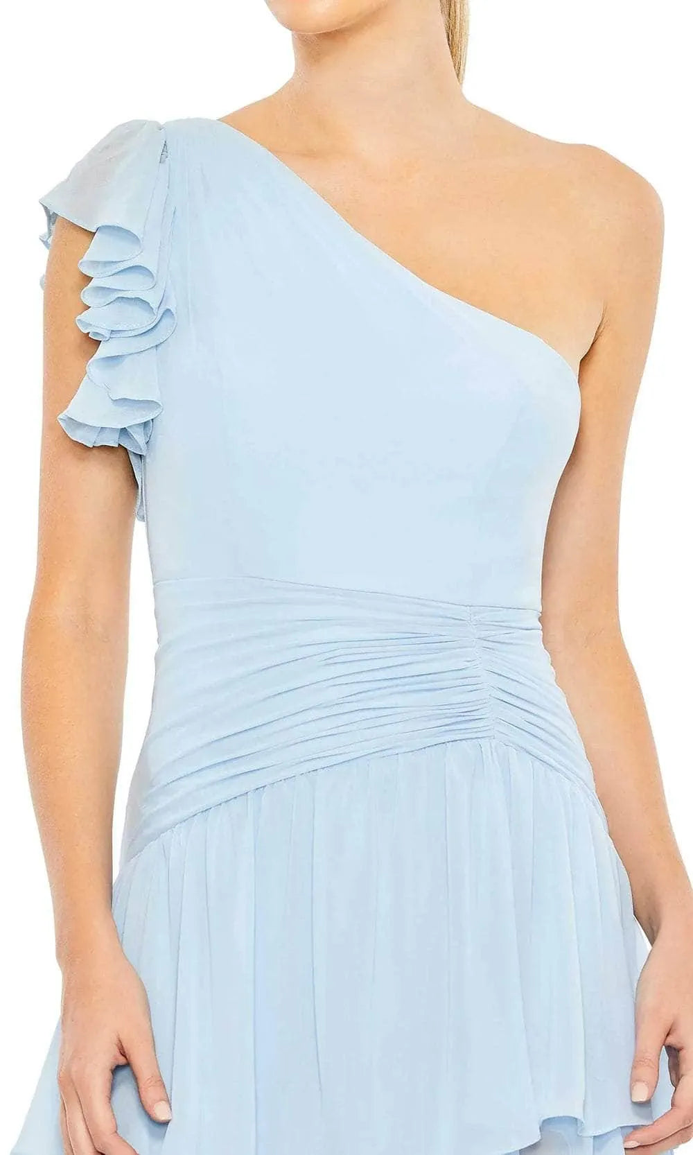 Light Blue One - Shoulder Evening Gown featuring Ruffled Sleeve Tiered Design and Side Slit to Elevate