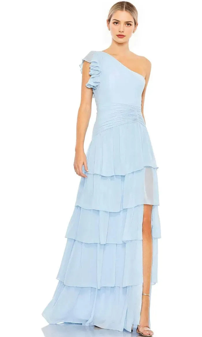 Light Blue One - Shoulder Evening Gown featuring Ruffled Sleeve Tiered Design and Side Slit to Elevate