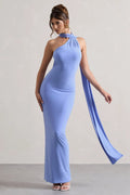 Light Blue One - Shoulder Prom Dresses Draped Neckline Flowing Sash Body Con Fit A Fusion of Grace and Drama for Formal Galas