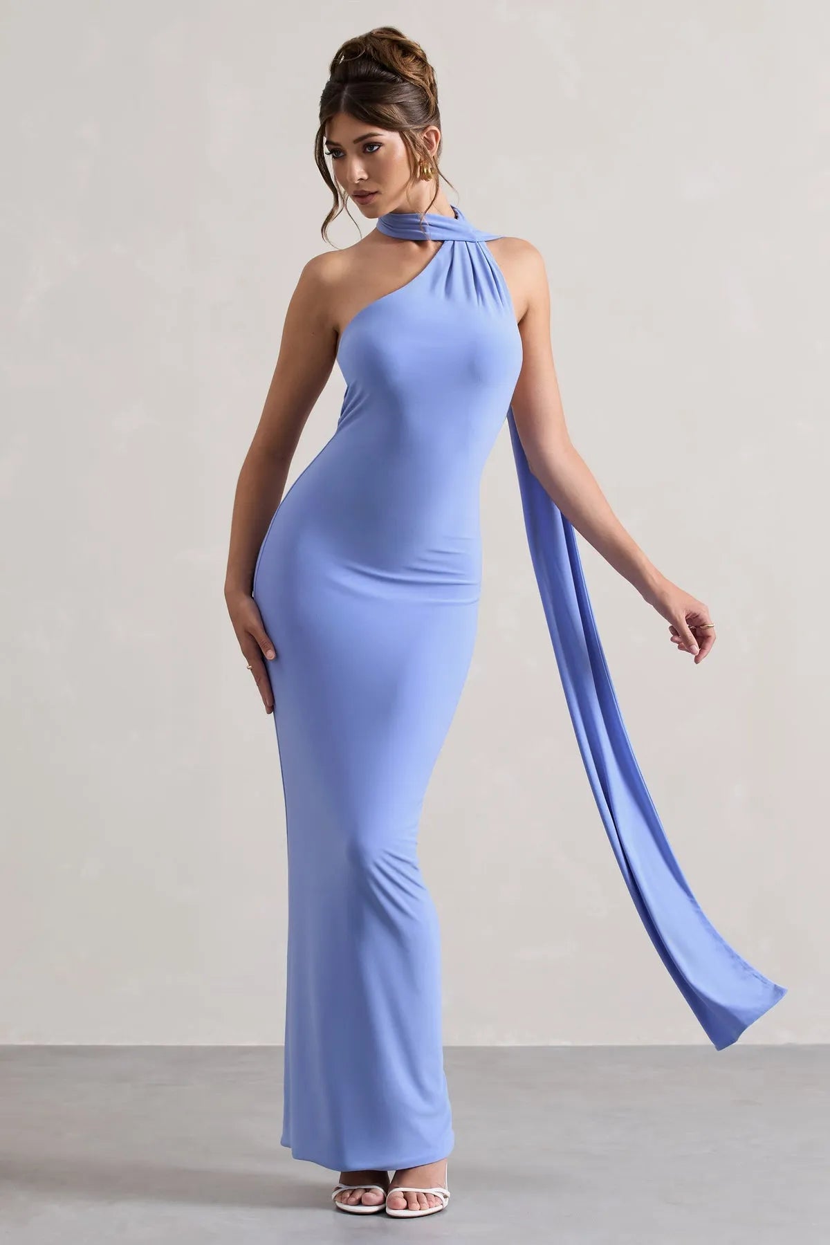 Light Blue One - Shoulder Prom Dresses Draped Neckline Flowing Sash Body Con Fit A Fusion of Grace and Drama for Formal Galas