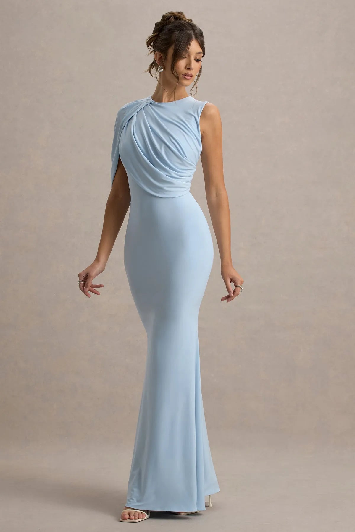Light Blue Prom Dress with Asymmetric Draped Shoulder and Mermaid Silhouette
