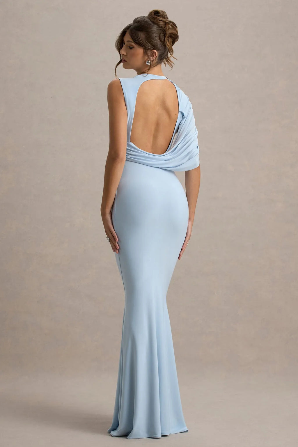 Light Blue Prom Dress with Asymmetric Draped Shoulder and Mermaid Silhouette