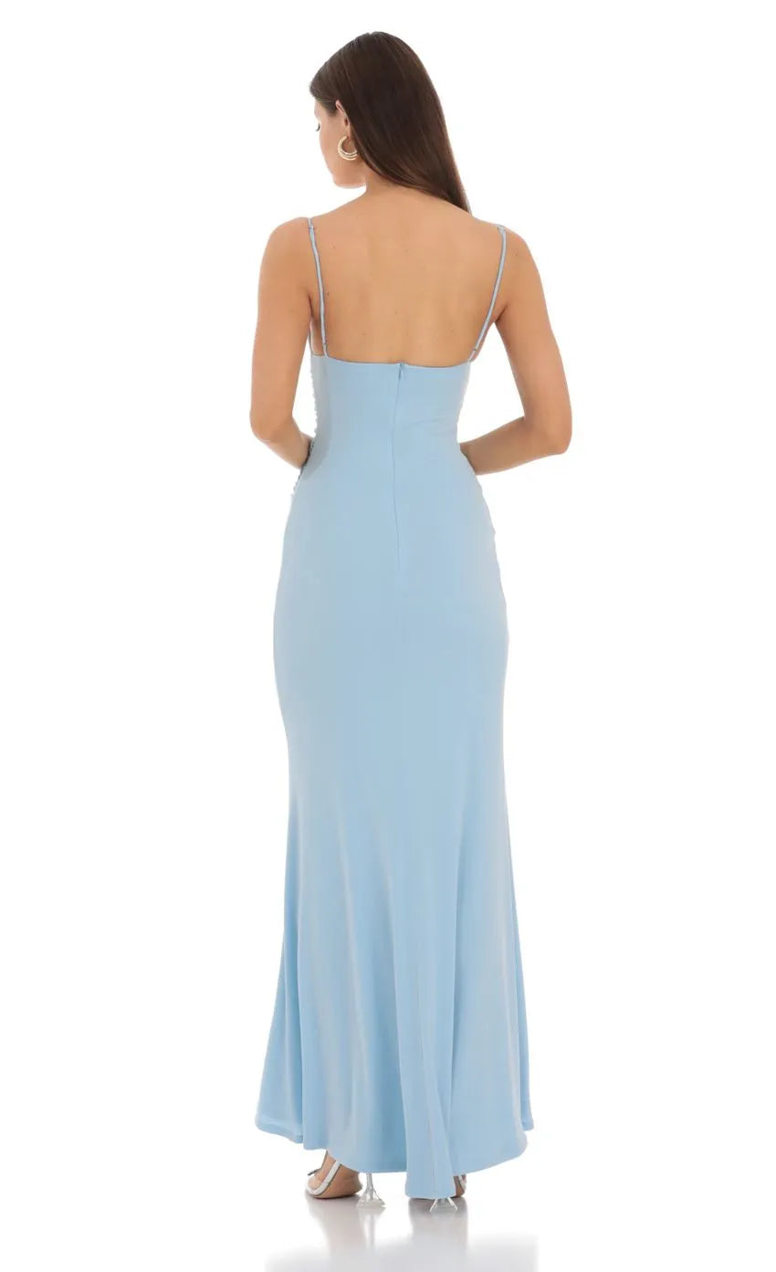 Light Blue Prom Dress with Spaghetti Straps Cowl Neckline and Trim Perfect for Romantic Prom Nights
